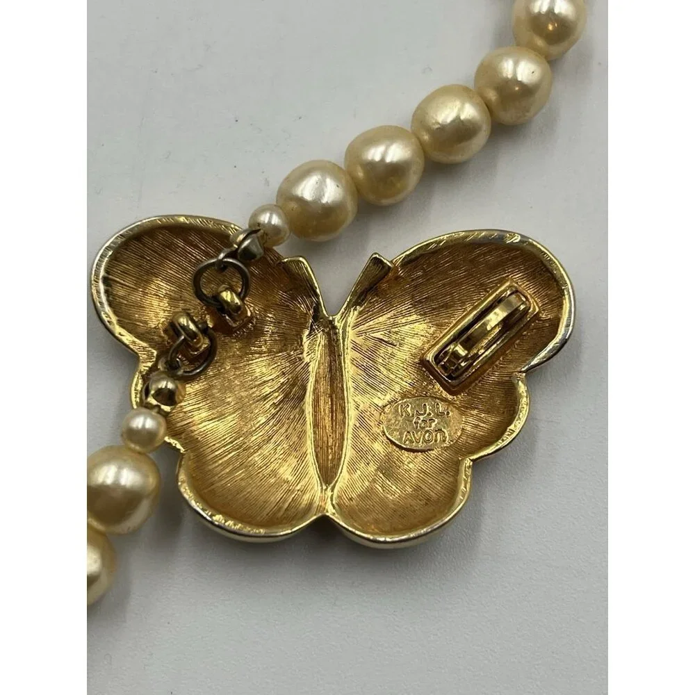 VINTAGE Kenneth Jay Lane KJL for Avon Pearl Enamel Crystal Butterfly Necklace - Picture 7 of 16